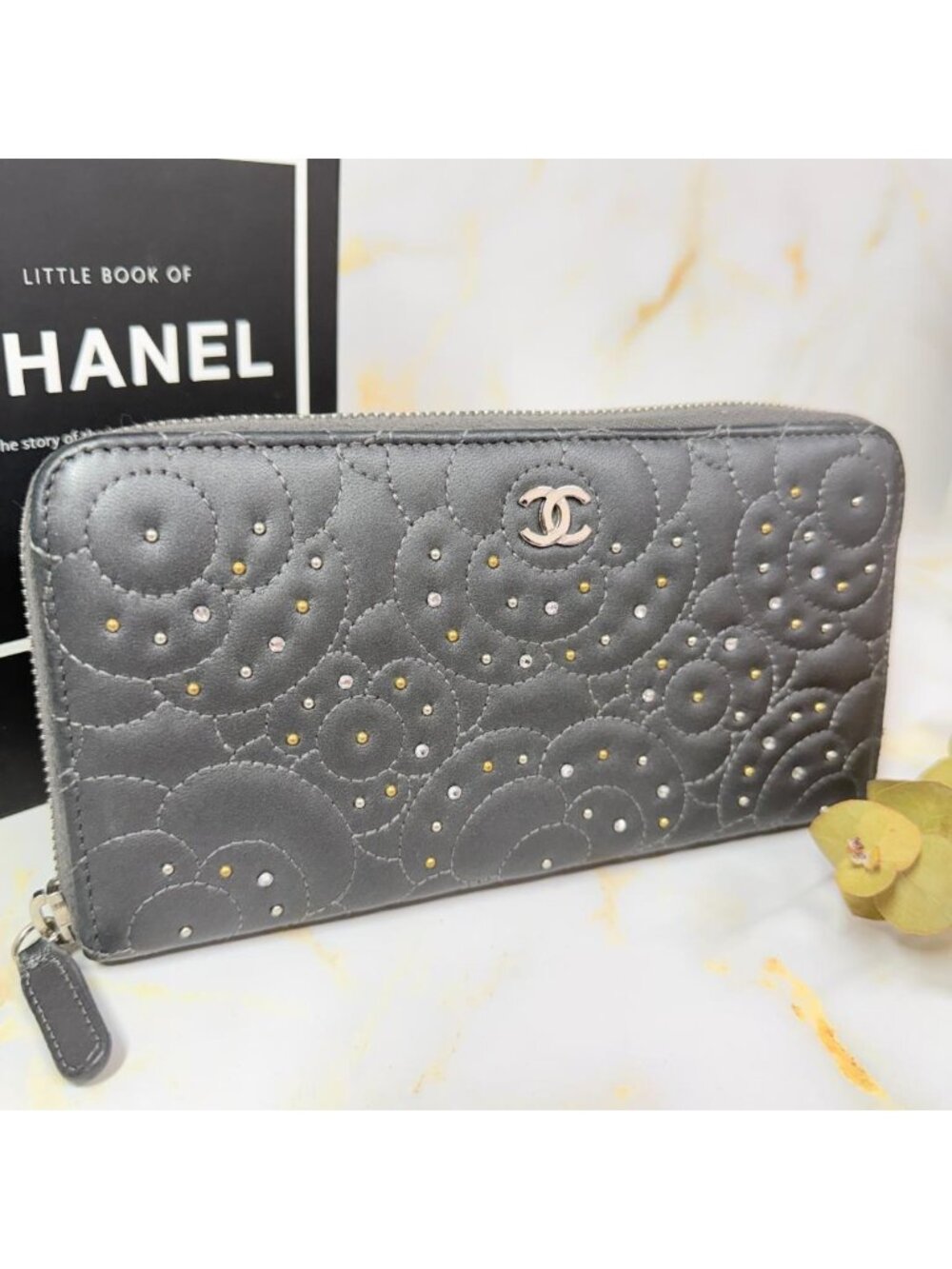 Chanel Camellia Studded Zip Around Wallet
